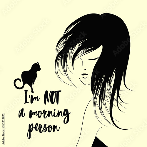 Beautiful woman with long, messy hairstyle.Vector illustration of a girl and cat.Cosmetics icon.Young lady portrait.