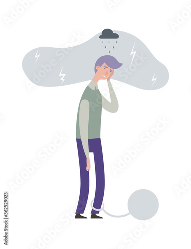 Male mental disorder. Tired man, frustrated and sad. Flat boy, rainy cloud bad health. Difficulties and obligations metaphor vector illustration. Mental problem and depression, unhappy man and tired