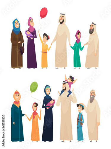Muslim family. Big arabic happy family saudi people father mother boys girls elders vector characters. Arab muslim together, father and mother husband and wife illustration
