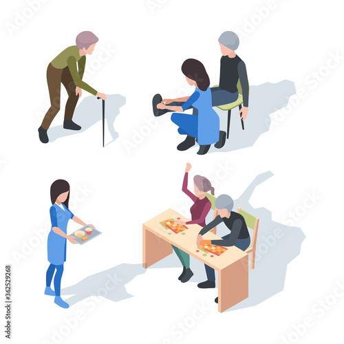 Nursing home care. Elderly lifestyle activity helper senior medical nursing clinic vector people. Elderly nursing, pensioner retired illustration