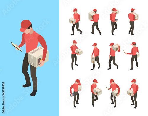 Delivery couriers. Postal and cargo service workers holding packages people standing walking vector isometric characters. Cargo worker with parcel or package illustration