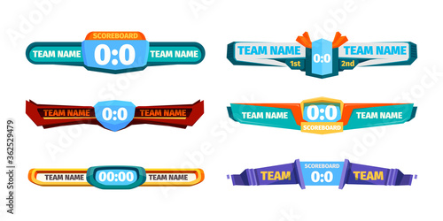Broadcast score banner. Versus soccer gaming players ui template vector designs. Scoreboard and score game, player soccer banner versus illustration