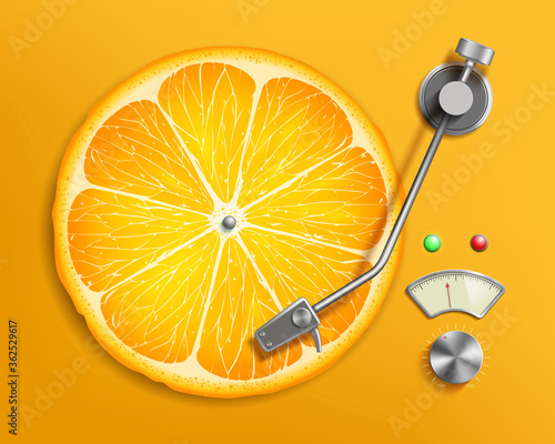 LP vinyl record. Music disc like a citrus orange