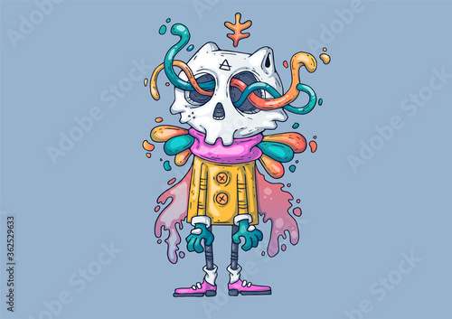 Creative Cartoon Illustration. funny monster with a skull.