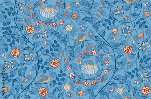 Vintage flowers and birds seamless pattern on blue background. Vector illustration.