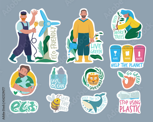 Ecology labels. Eco friendly concept save our planet environment vegan people green planet vector badges set. Globe friendly graphic, bio save planet illustration