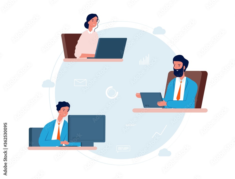 Cloud service. People work remotely, online business team. Technologies for freelance job from home vector illustration. Business team conference, communication online, global remote