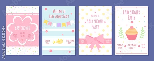 Baby shower party cards. Birthday invitation with cute kids elements. Cartoon newborn flyers vector set. Illustration card announcement and greeting invitation baby