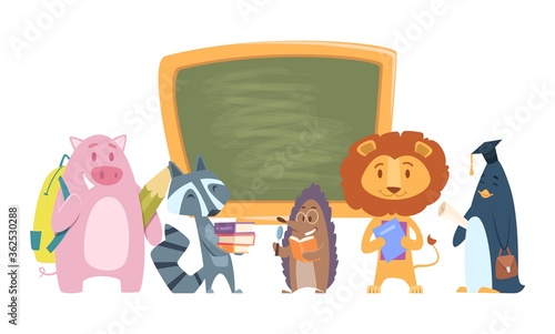 School animals. Back to school cartoon characters. Cute students lion, raccoon, hedgehog with books and bags standing near chalkboard vector illustration. School animal with books, pupil students