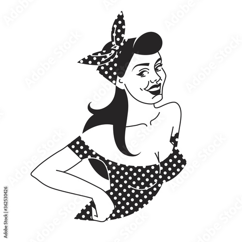 pin-up girl in dress and white polka dots scarf. woman portrait retro style. vintage black and white template for print, tattoo, brand, advertising.