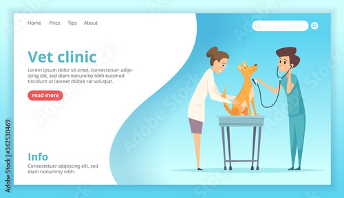 Vet clinic landing. Doctor exam happy domestic dog puppy healthcare specialist vector web page template. Vet clinic, veterinary professional doctor illustration