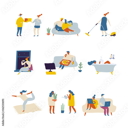 People spending time at home flat vector set - sitting on couch, cooking, pizza eating. bath, reading,  watering plants. Cozy Relaxing at home, leisure time