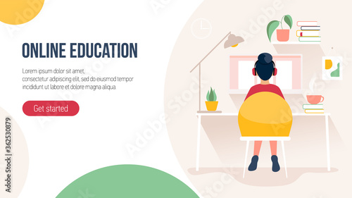 Girl character study at computer. Online education concept. Flat isometric illustration.
