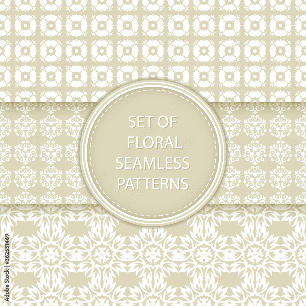 Olive green and white floral seamless backgrounds. Compilation of patterns