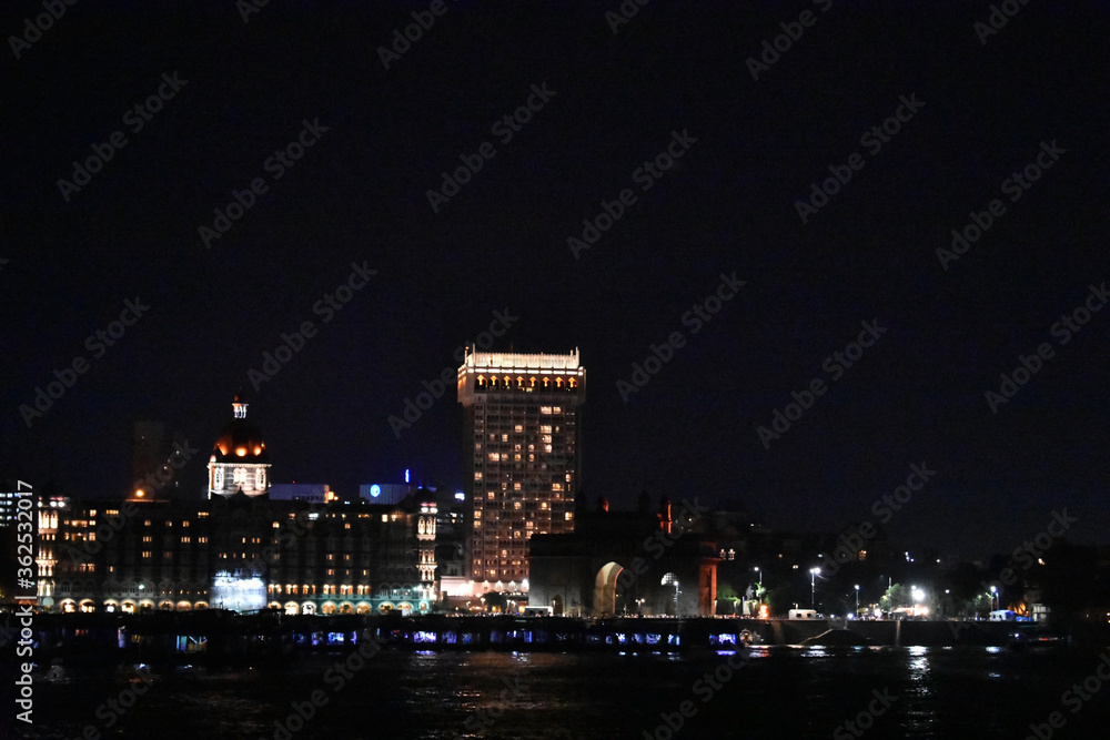 Taj hotel near mumbai port captured at night with beautiful lights.