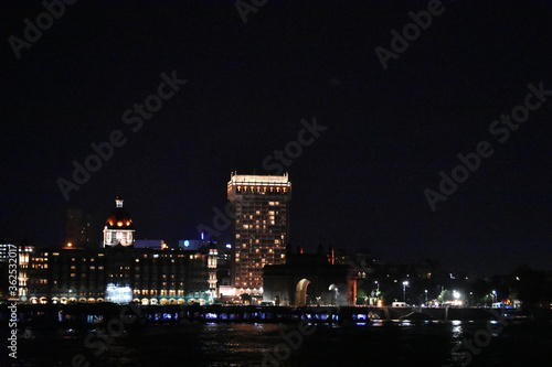 Taj hotel near mumbai port captured at night with beautiful lights.