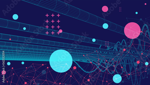 Vector abstract background with a wireframe dynamic pipes, line and particles. Plexus effect.