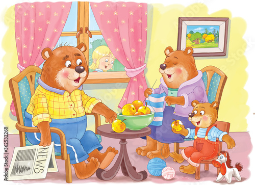 Goldilocks and the three bears. Fairy tale.  One picture from series. Coloring book. Educational book. Illustration for children. Cute and funny cartoon characters