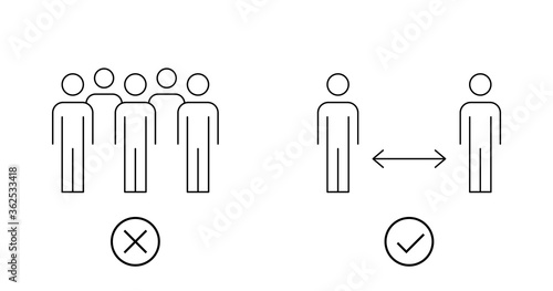Avoid crowding sign. Keep a distance. Coronavirus safety guidelines. Group of people vs. two persons practice social distancing. Black outline on white background. Vector illustration, flat, clip art.