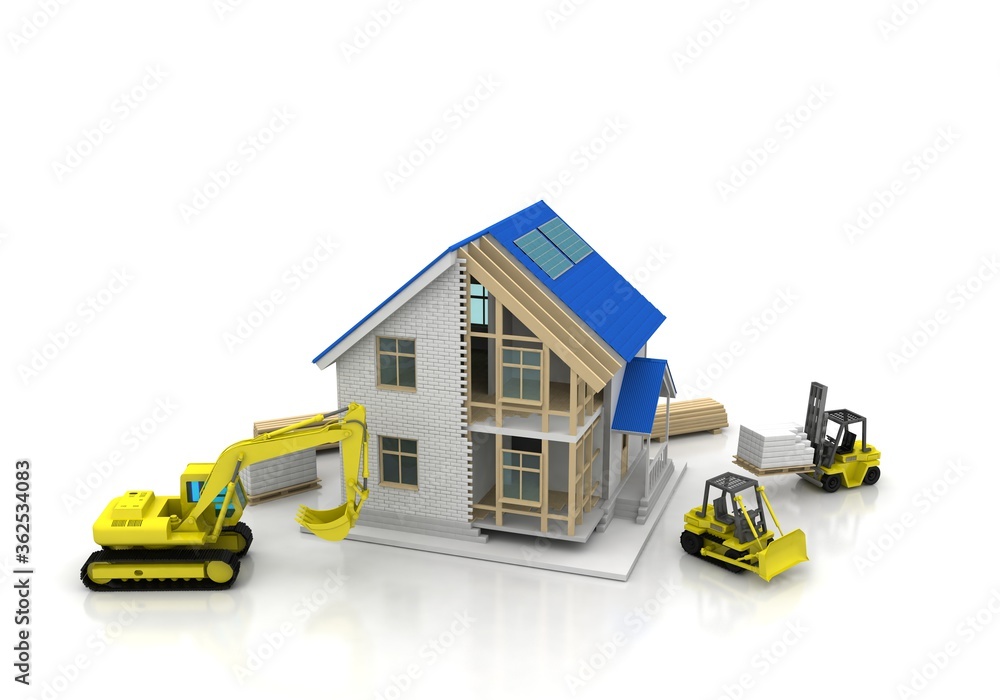 Obraz premium House 3d rendering illustration with open interior on top. Blueprints, documents, crane and mortgage calculations.