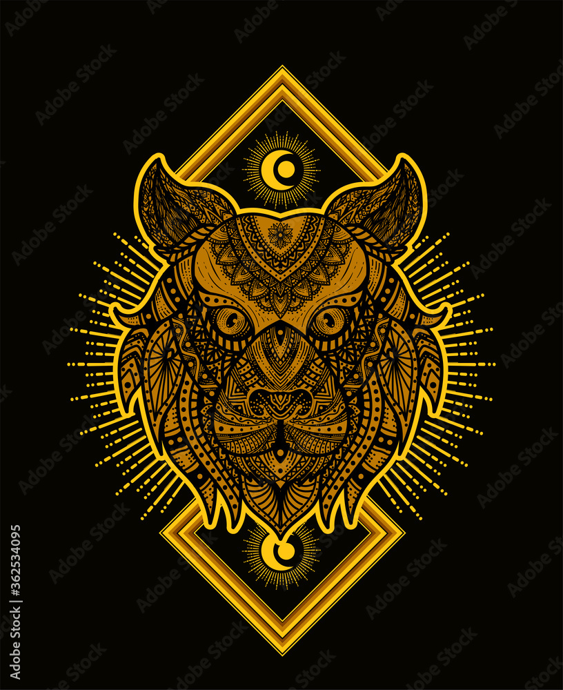 Fototapeta premium Illustration vector tiger head mandala pattern style with sacred geometry on black background.