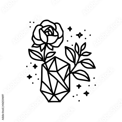 Vector feminine logo design in linear minimal style. Crystal, stars, leaf, and rose flower element. Symbols and icons for wedding, card, invitation, cosmetics, jewellery, or beauty brand