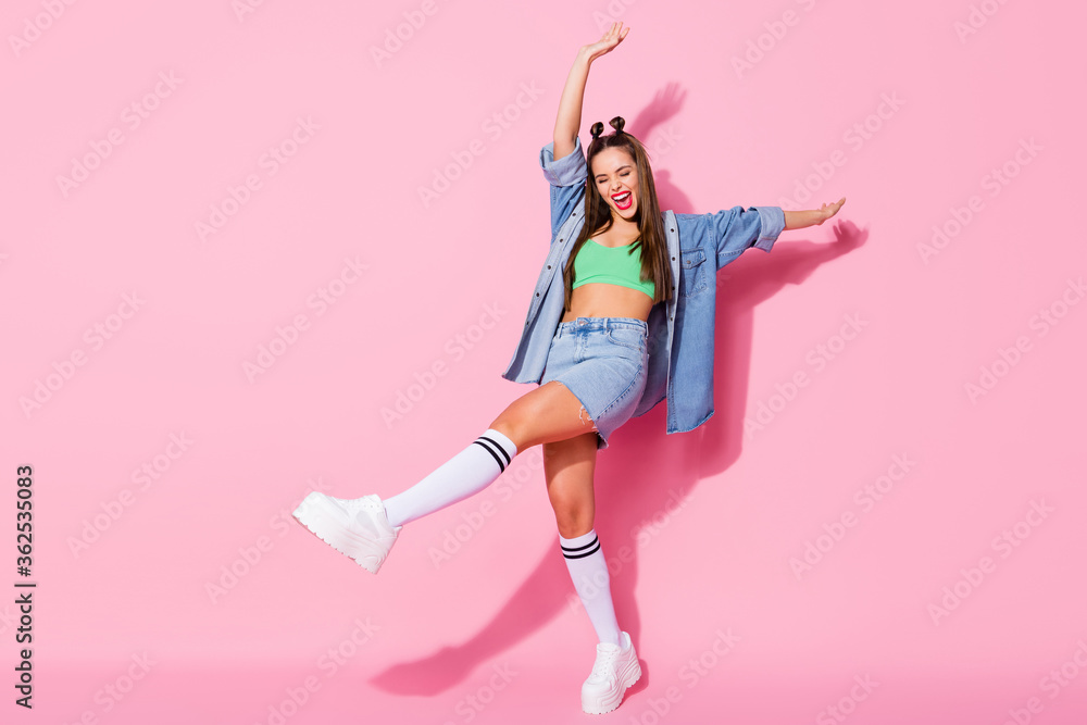 Full Size Profile Photo Of Funky Lady Good Mood Raise Leg Hip Arms Dancing Wear Denim Jacket