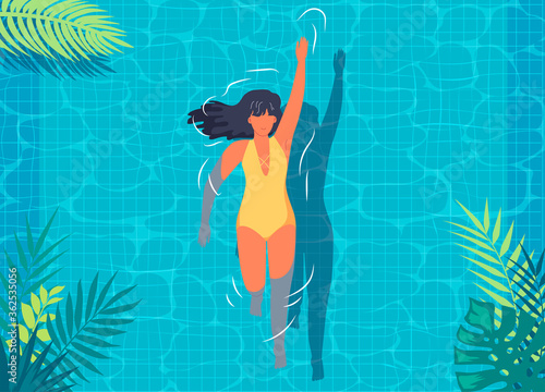 Young woman swimming in the summer resort blue pool cartoon character
