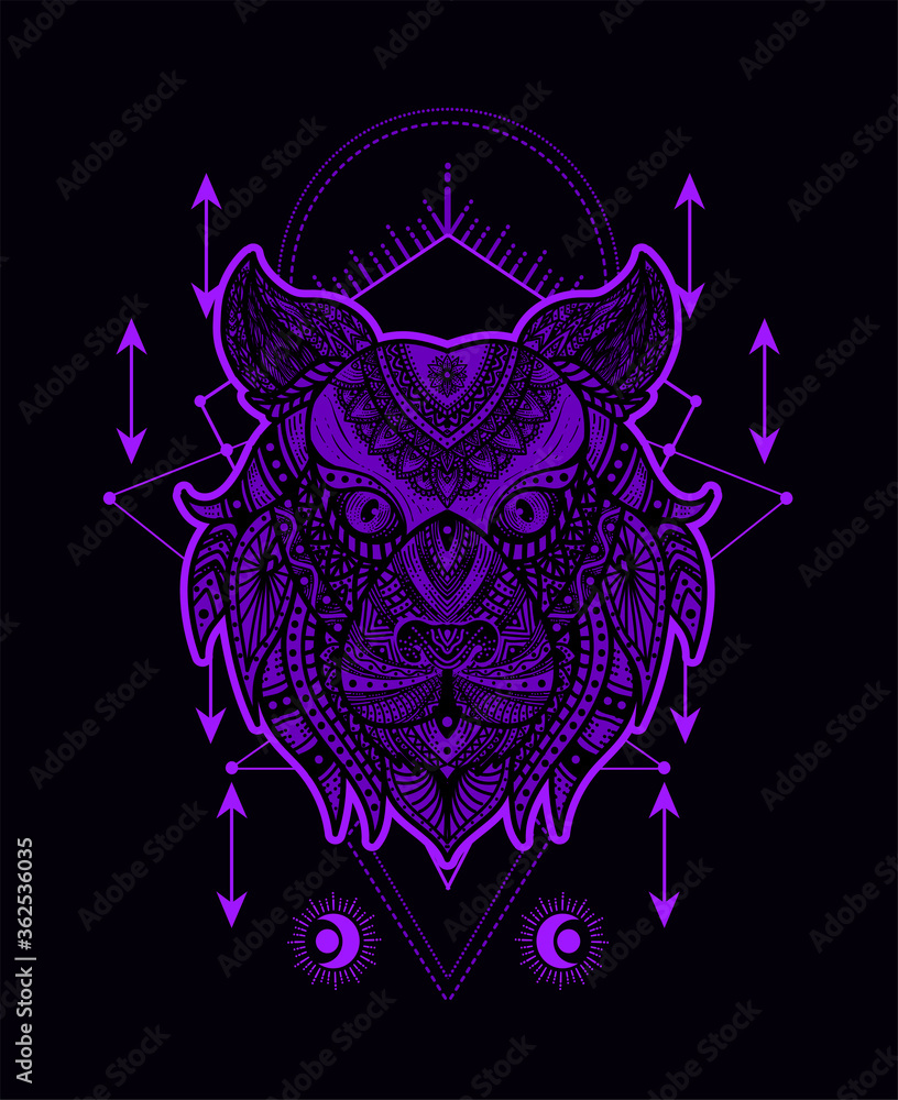Illustration vector tiger head mandala pattern style with sacred geometry on black background. Illustration vector tiger head mandala pattern style with sacred geometry on black background.