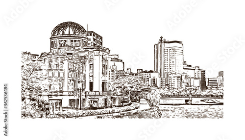 Building view with landmark of The Hiroshima Peace Memorial, originally the Hiroshima Prefectural Industrial Promotion Hall. Hand drawn sketch illustration in vector.
