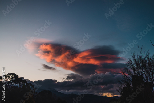 sunset sky with beautiful clouds over the hills of Tasmania