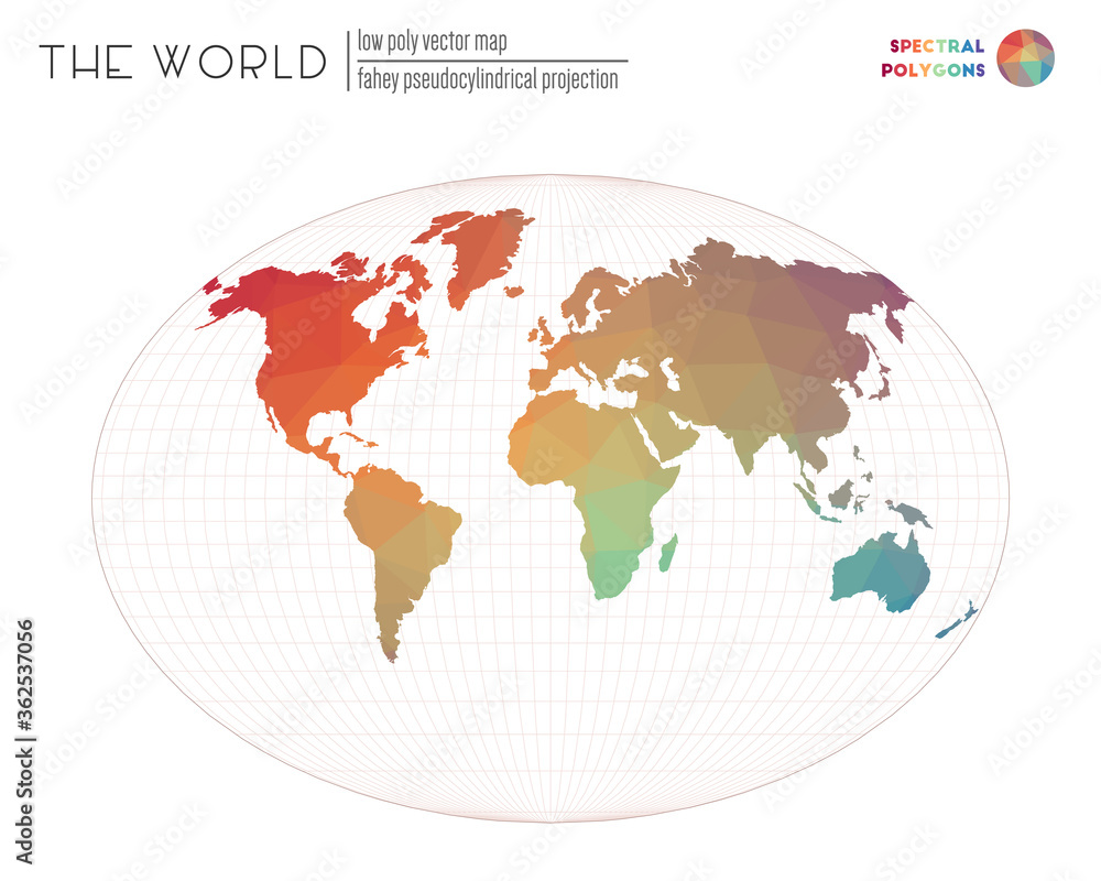 Vector map of the world. Fahey pseudocylindrical projection of the world. Spectral colored polygons. Modern vector illustration. Vector map of the world. Fahey pseudocylindrical projection of the world. Spectral colored polygons. Modern vector illustration.