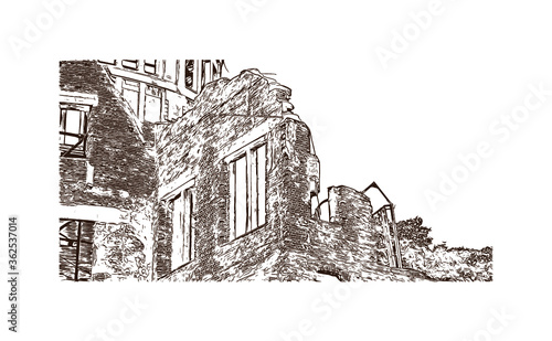 Building view with landmark of The Hiroshima Peace Memorial, originally the Hiroshima Prefectural Industrial Promotion Hall. Hand drawn sketch illustration in vector.