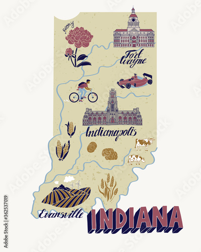 Illustrated map of  Indiana, USA. Travel and attractions. Souvenir print