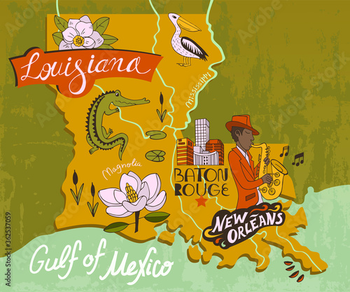 Illustrated map of  Louisiana, USA. Travel and attractions. Souvenir print