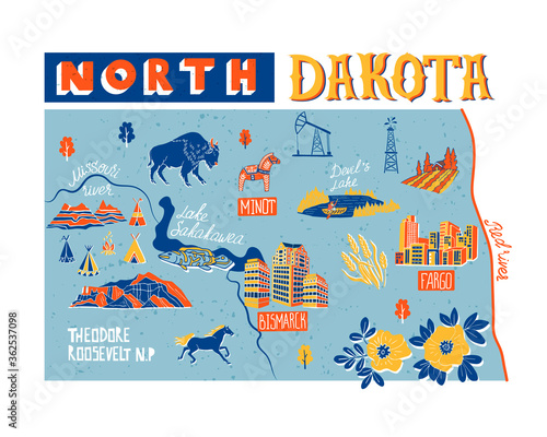 Illustrated map of  North Dakota, USA. Travel and attractions. Souvenir print photo
