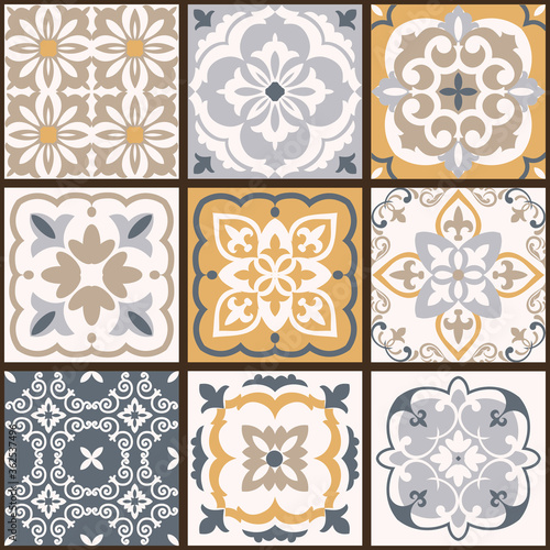 Collection of  tiles in turkish style. Seamless colorful patchwork from Azulejo tiles. Portuguese and Spain decor. Islam, Arabic, Indian, Ottoman motif. Vector Hand drawn background