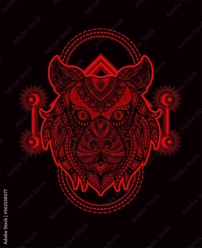 Illustration vector tiger head mandala pattern style with sacred geometry on black background. Illustration vector tiger head mandala pattern style with sacred geometry on black background.