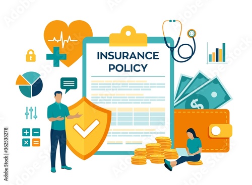 Health insurance concept. Healthcare, finance and medical service. Insurance policy. Protection health. Care medical. Colourful flat style vector illustration with characters and icons.