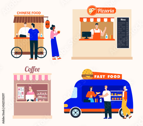 Takeaway food service, set of Chinese food, pizzeria, coffee shop, fast food van