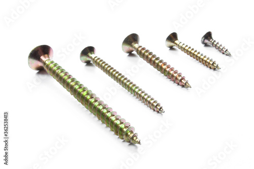 Set of metallic screws of different sizes isolated on white background. 