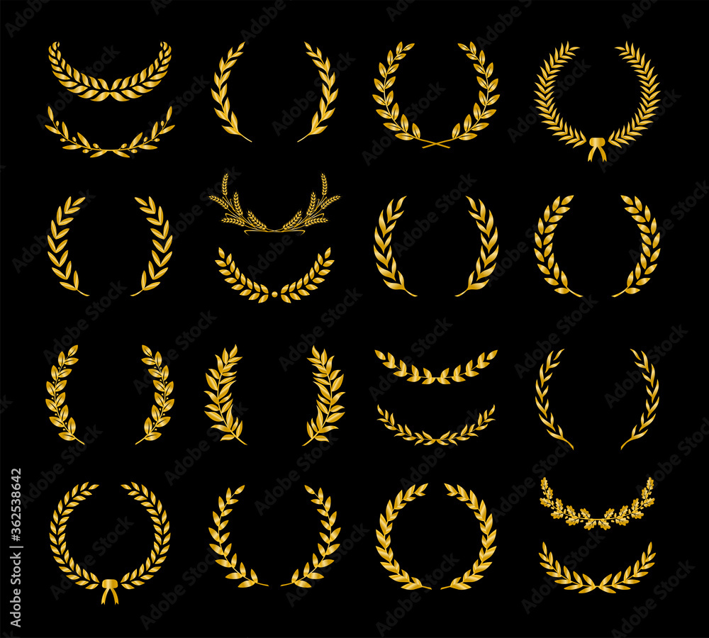 Fototapeta premium Kolekcja różnych złotych sylwetki wieńców laurowych, pszenicy, dębu i oliwek, przedstawiających nagrodę, osiągnięcie, heraldykę, szlachtę, twórcę gry. Ilustracji wektorowych.