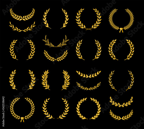 Collection of different golden silhouette laurel foliate, wheat, oak and olive wreaths depicting an award, achievement, heraldry, nobility, game dev. Vector illustration.