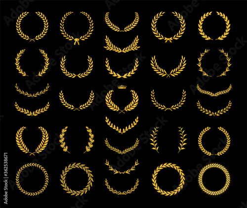 Foto Collection of different golden silhouette laurel foliate, wheat, oak and olive wreaths depicting an award, achievement, heraldry, nobility, game dev