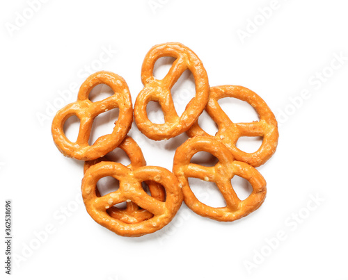 Stack of pretzels isolated on white background. Salted Crunchy snack food 