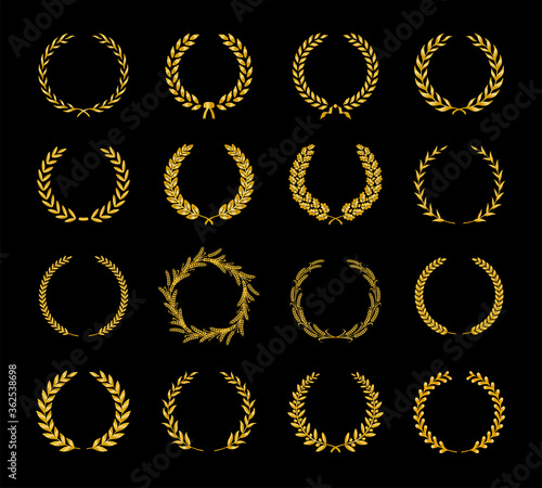 Collection of different golden silhouette laurel foliate, wheat, oak and olive wreaths depicting an award, achievement, heraldry, nobility, emblem, logo. Vector illustration.