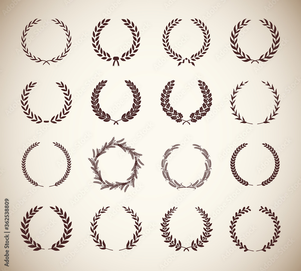 Obraz premium Collection of different vintage silhouette circular laurel foliate, olive and oak wreaths depicting an award, achievement, heraldry, nobility. Vector illustration.