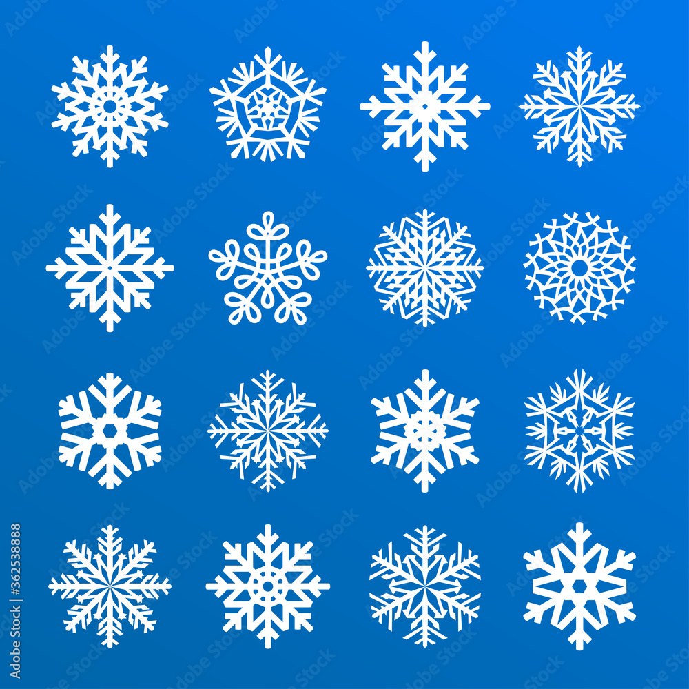 Snowflakes vector collection isolated on blue background. Snow icons silhouette, winter, New year and Christmas decoration elements. Snowflakes vector collection isolated on blue background. Snow icons silhouette, winter, New year and Christmas decoration elements.