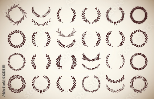 Collection of different vintage silhouette circular laurel foliate, olive and oak wreaths depicting an award, achievement, heraldry, nobility. Vector illustration.