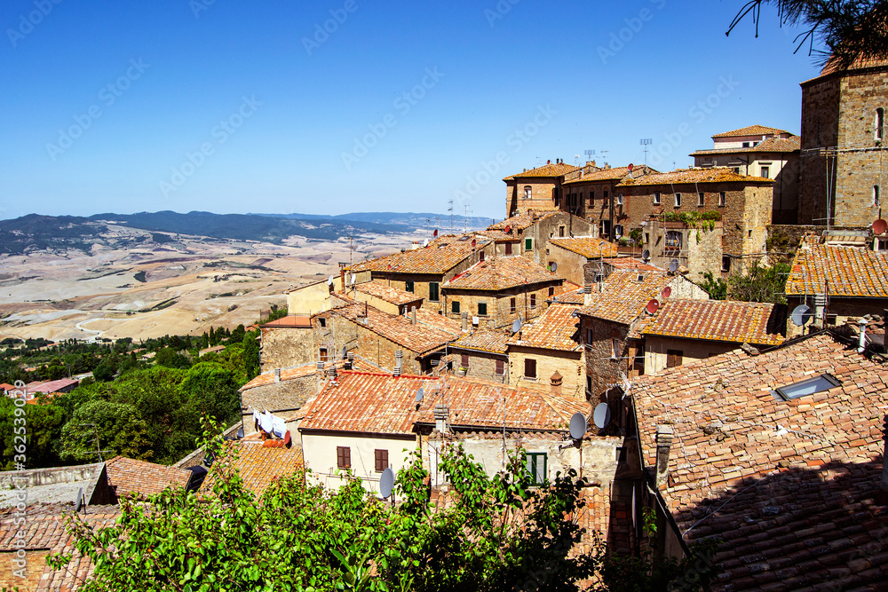 panoramic view of the countryside and the picturesque town of Volterra, Tuscany, Italy